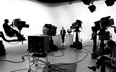 An archive image of an early OU TV production being filmed